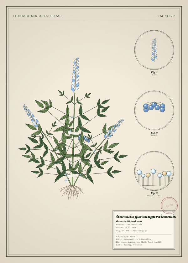 Botanische Tafel: Garzaia garzaugarzinensis, eine erfundene Pflanze aus Garzau-Garzin, gezeichnet wie in einem alten Pflanzenatlas