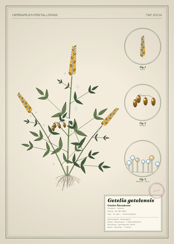 Botanische Tafel: Getelia getelensis, eine erfundene Pflanze aus Getelo, gezeichnet wie in einem alten Pflanzenatlas