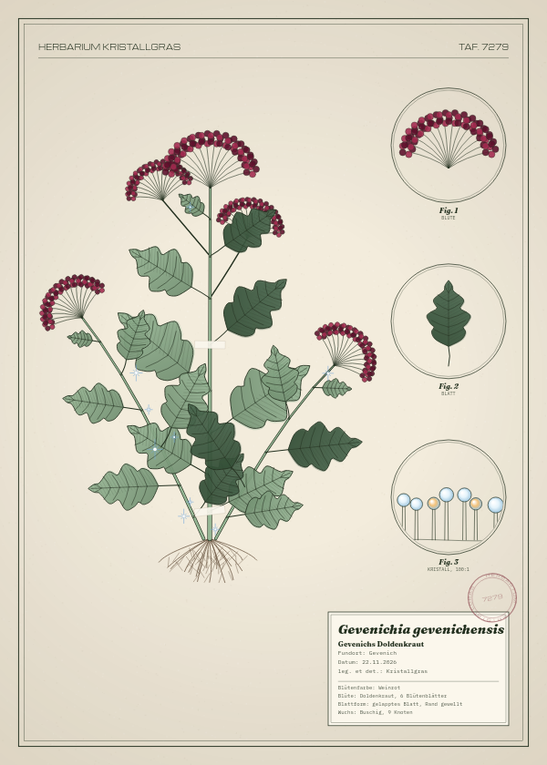 Botanische Tafel: Gevenichia gevenichensis, eine erfundene Pflanze aus Gevenich, gezeichnet wie in einem alten Pflanzenatlas
