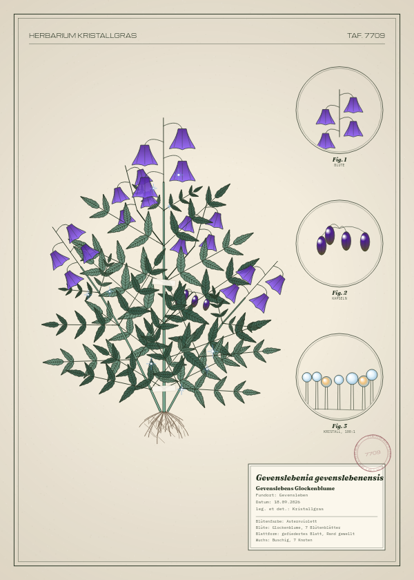 Botanische Tafel: Gevenslebenia gevenslebenensis, eine erfundene Pflanze aus Gevensleben, gezeichnet wie in einem alten Pflanzenatlas