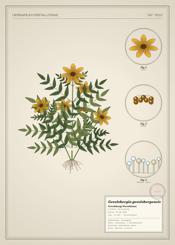 Botanische Tafel: Gevelsbergia gevelsbergensis, eine erfundene Pflanze aus Gevelsberg, gezeichnet wie in einem alten Pflanzenatlas