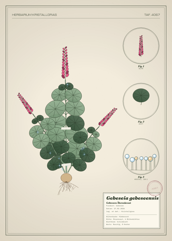 Botanische Tafel: Gebeseia gebeseensis, eine erfundene Pflanze aus Gebesee, gezeichnet wie in einem alten Pflanzenatlas
