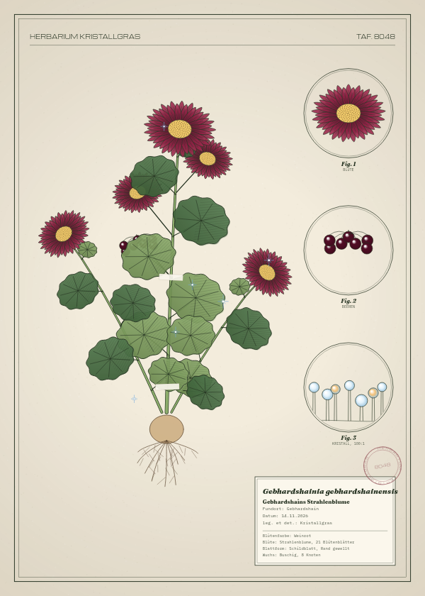 Botanische Tafel: Gebhardshainia gebhardshainensis, eine erfundene Pflanze aus Gebhardshain, gezeichnet wie in einem alten Pflanzenatlas