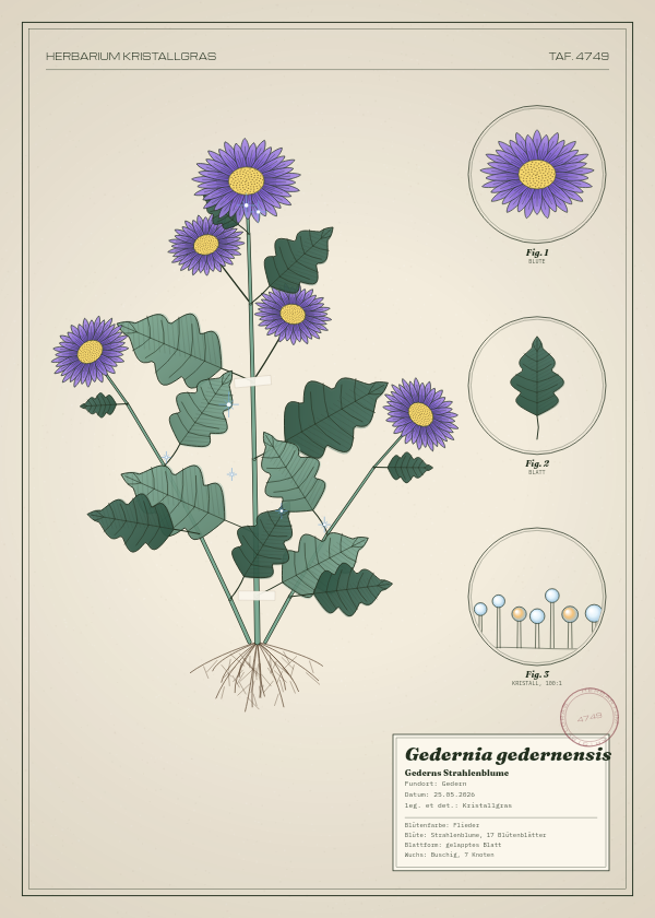 Botanische Tafel: Gedernia gedernensis, eine erfundene Pflanze aus Gedern, gezeichnet wie in einem alten Pflanzenatlas