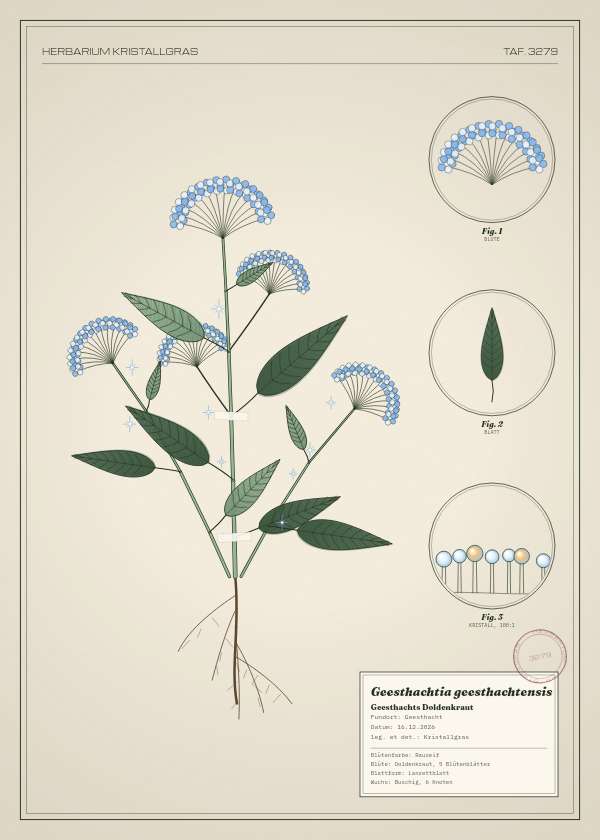 Botanische Tafel: Geesthachtia geesthachtensis, eine erfundene Pflanze aus Geesthacht, gezeichnet wie in einem alten Pflanzenatlas