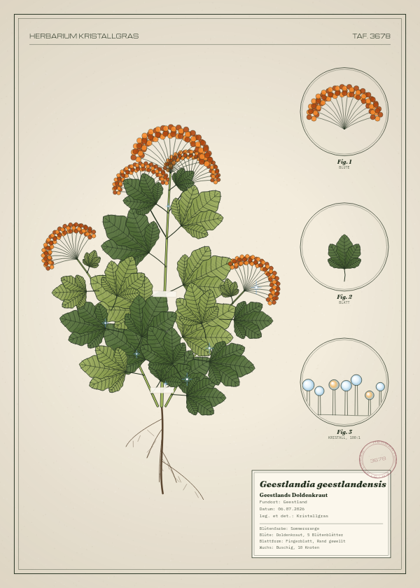 Botanische Tafel: Geestlandia geestlandensis, eine erfundene Pflanze aus Geestland, gezeichnet wie in einem alten Pflanzenatlas