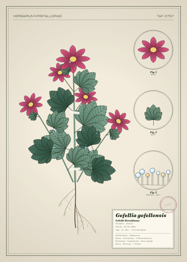 Botanische Tafel: Gefellia gefellensis, eine erfundene Pflanze aus Gefell, gezeichnet wie in einem alten Pflanzenatlas