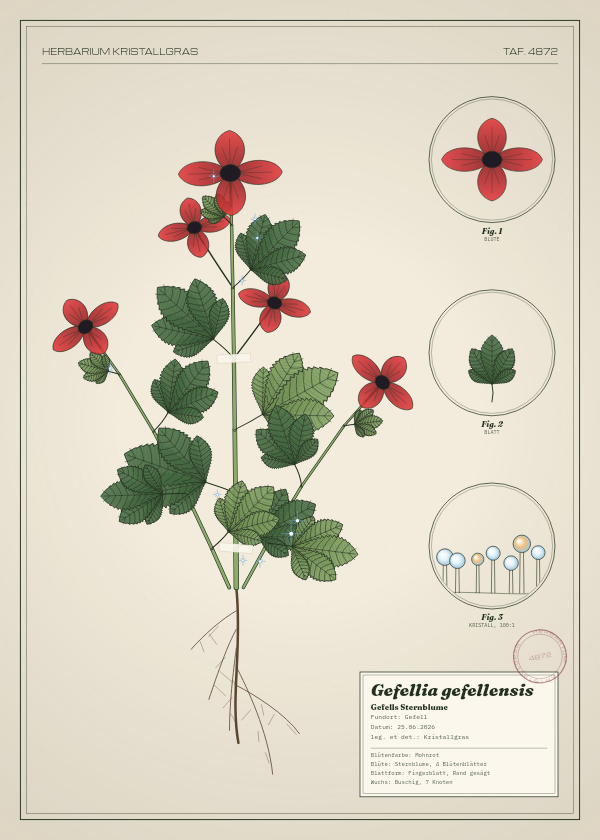 Botanische Tafel: Gefellia gefellensis, eine erfundene Pflanze aus Gefell, gezeichnet wie in einem alten Pflanzenatlas