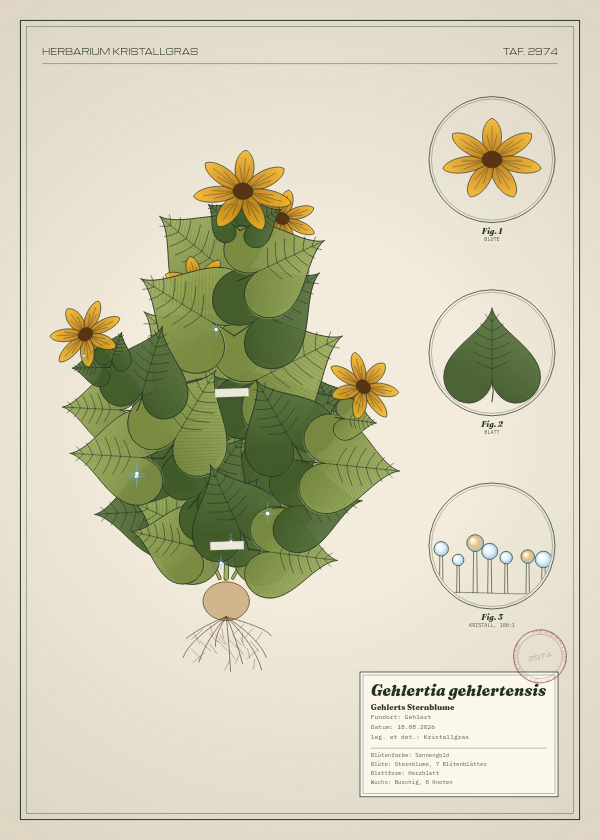 Botanische Tafel: Gehlertia gehlertensis, eine erfundene Pflanze aus Gehlert, gezeichnet wie in einem alten Pflanzenatlas