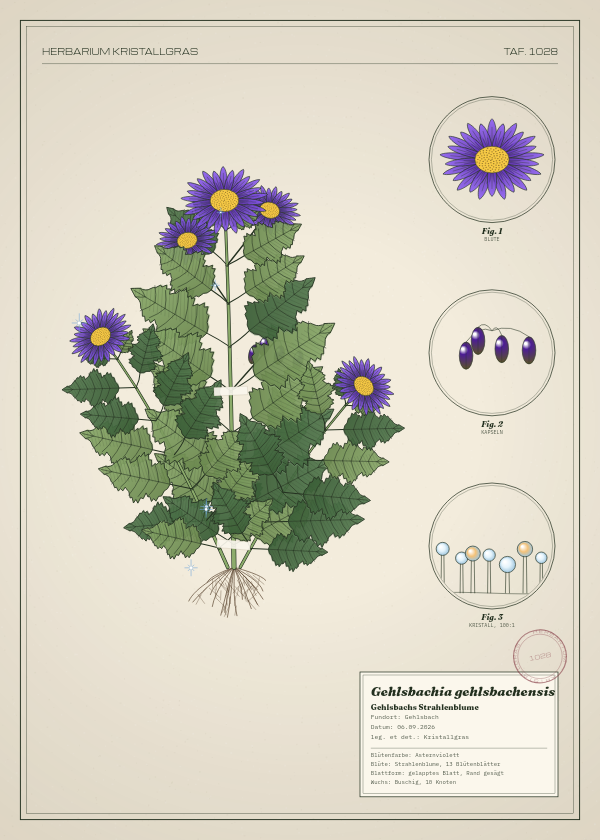 Botanische Tafel: Gehlsbachia gehlsbachensis, eine erfundene Pflanze aus Gehlsbach, gezeichnet wie in einem alten Pflanzenatlas