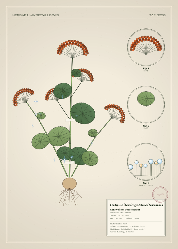 Botanische Tafel: Gehlweileria gehlweilerensis, eine erfundene Pflanze aus Gehlweiler, gezeichnet wie in einem alten Pflanzenatlas