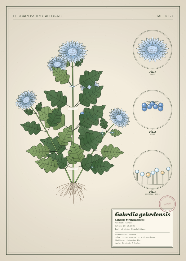 Botanische Tafel: Gehrdia gehrdensis, eine erfundene Pflanze aus Gehrde, gezeichnet wie in einem alten Pflanzenatlas