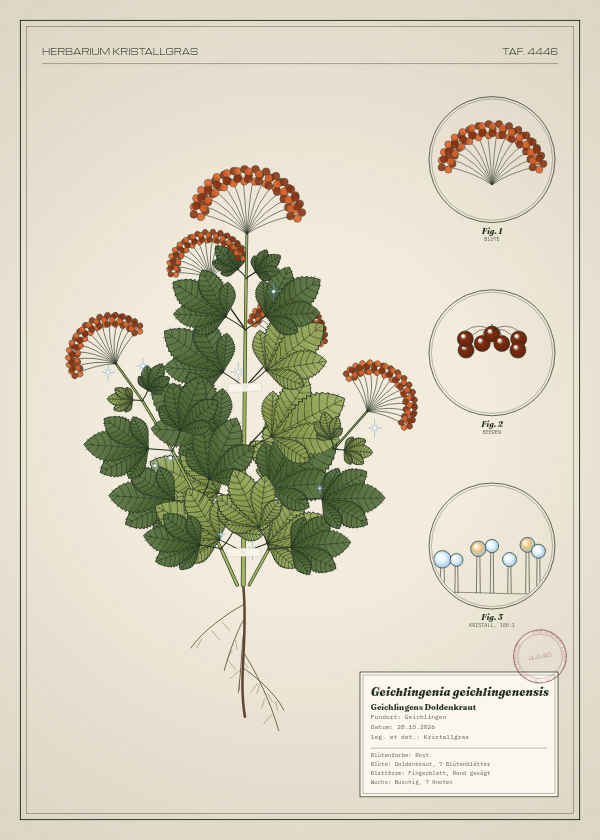 Botanische Tafel: Geichlingenia geichlingenensis, eine erfundene Pflanze aus Geichlingen, gezeichnet wie in einem alten Pflanzenatlas