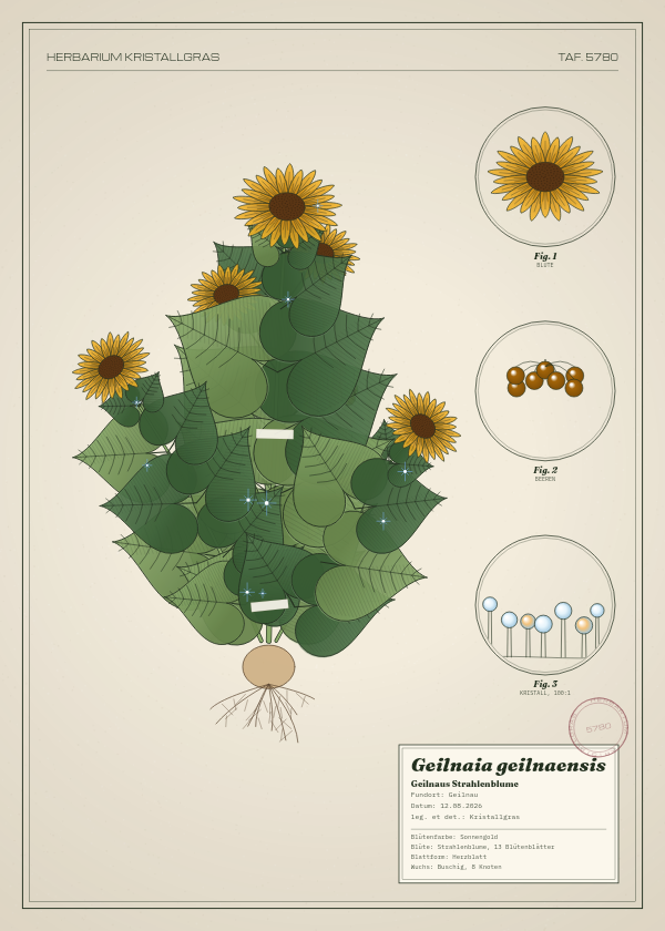 Botanische Tafel: Geilnaia geilnaensis, eine erfundene Pflanze aus Geilnau, gezeichnet wie in einem alten Pflanzenatlas