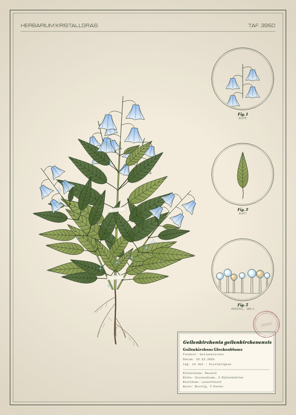 Botanische Tafel: Geilenkirchenia geilenkirchenensis, eine erfundene Pflanze aus Geilenkirchen, gezeichnet wie in einem alten Pflanzenatlas