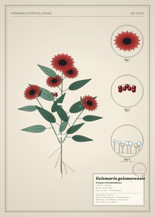 Botanische Tafel: Geismaria geismarensis, eine erfundene Pflanze aus Geismar, gezeichnet wie in einem alten Pflanzenatlas