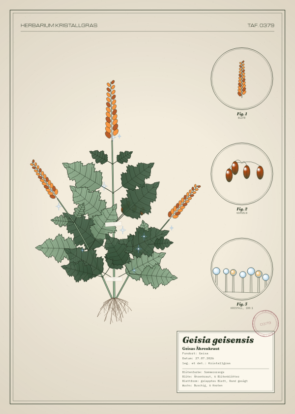Botanische Tafel: Geisia geisensis, eine erfundene Pflanze aus Geisa, gezeichnet wie in einem alten Pflanzenatlas