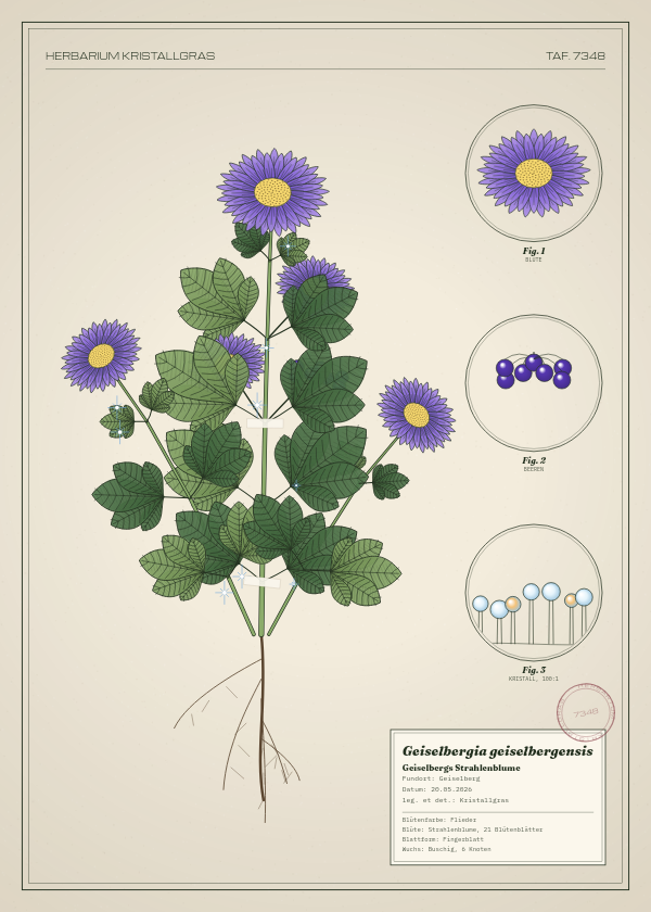 Botanische Tafel: Geiselbergia geiselbergensis, eine erfundene Pflanze aus Geiselberg, gezeichnet wie in einem alten Pflanzenatlas