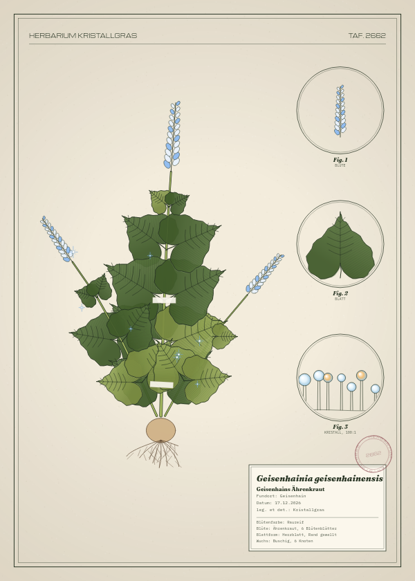 Botanische Tafel: Geisenhainia geisenhainensis, eine erfundene Pflanze aus Geisenhain, gezeichnet wie in einem alten Pflanzenatlas
