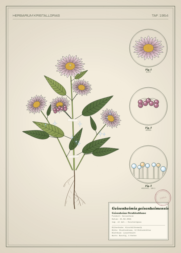 Botanische Tafel: Geisenheimia geisenheimensis, eine erfundene Pflanze aus Geisenheim, gezeichnet wie in einem alten Pflanzenatlas