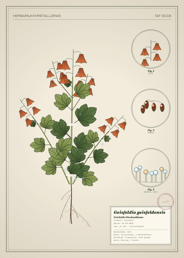Botanische Tafel: Geisfeldia geisfeldensis, eine erfundene Pflanze aus Geisfeld, gezeichnet wie in einem alten Pflanzenatlas