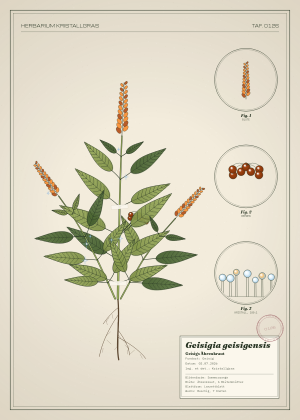 Botanische Tafel: Geisigia geisigensis, eine erfundene Pflanze aus Geisig, gezeichnet wie in einem alten Pflanzenatlas