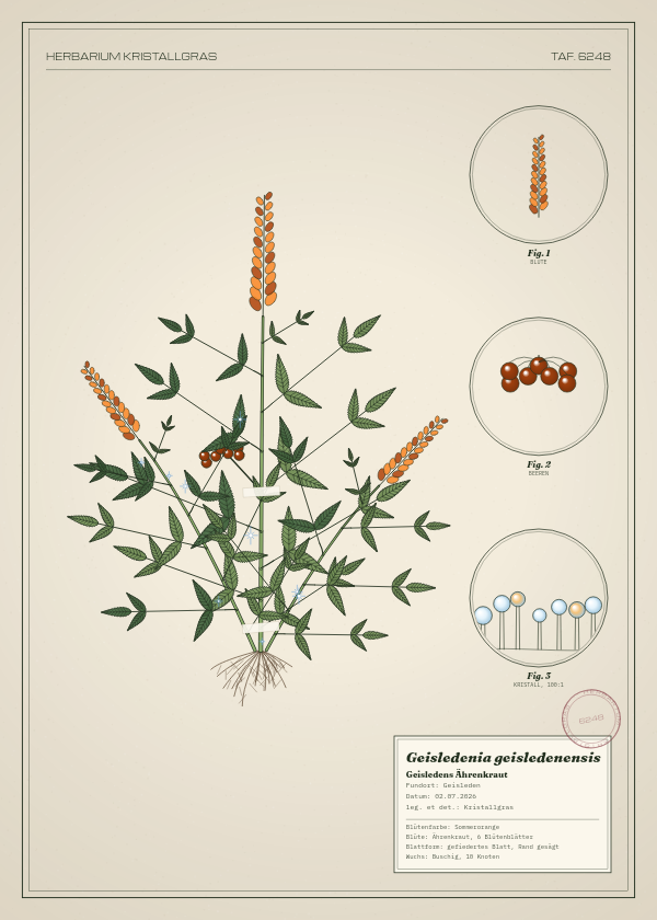 Botanische Tafel: Geisledenia geisledenensis, eine erfundene Pflanze aus Geisleden, gezeichnet wie in einem alten Pflanzenatlas