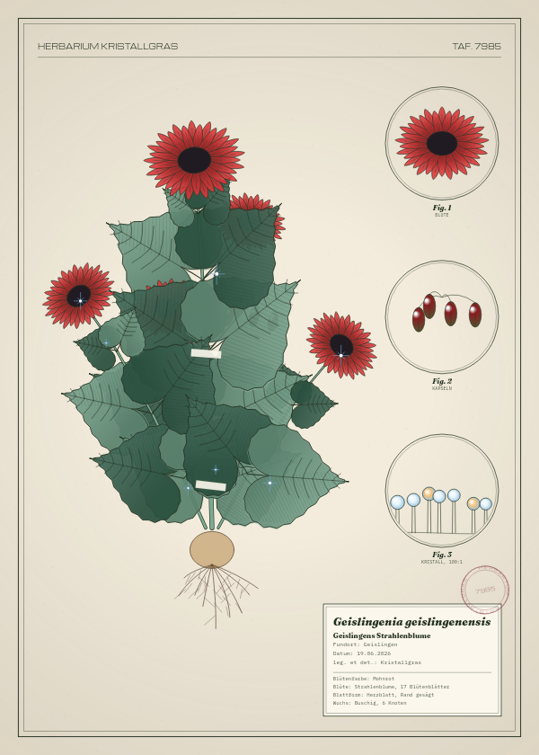 Botanische Tafel: Geislingenia geislingenensis, eine erfundene Pflanze aus Geislingen, gezeichnet wie in einem alten Pflanzenatlas