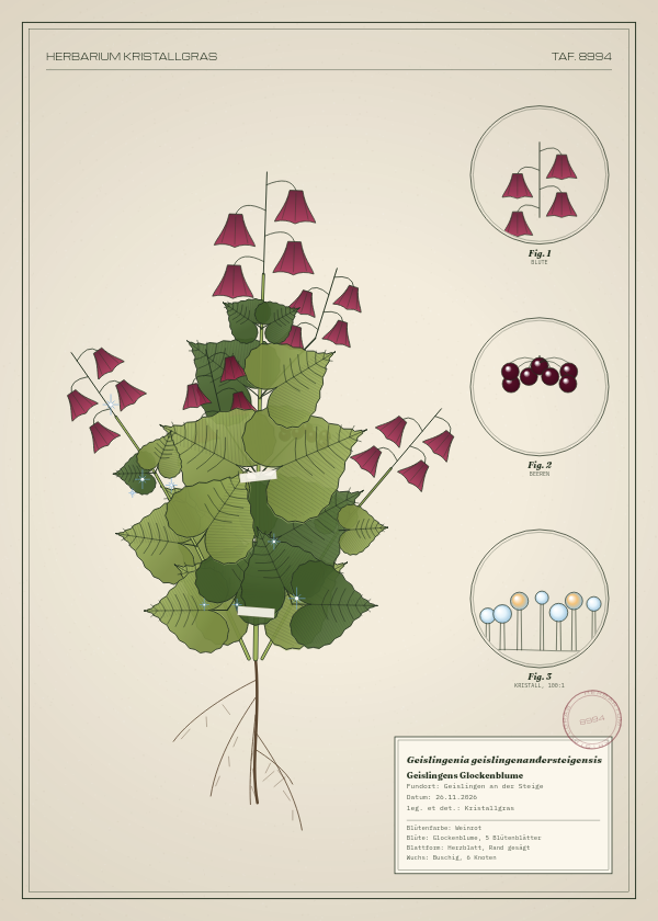 Botanische Tafel: Geislingenia geislingenandersteigensis, eine erfundene Pflanze aus Geislingen an der Steige, gezeichnet wie in einem alten Pflanzenatlas