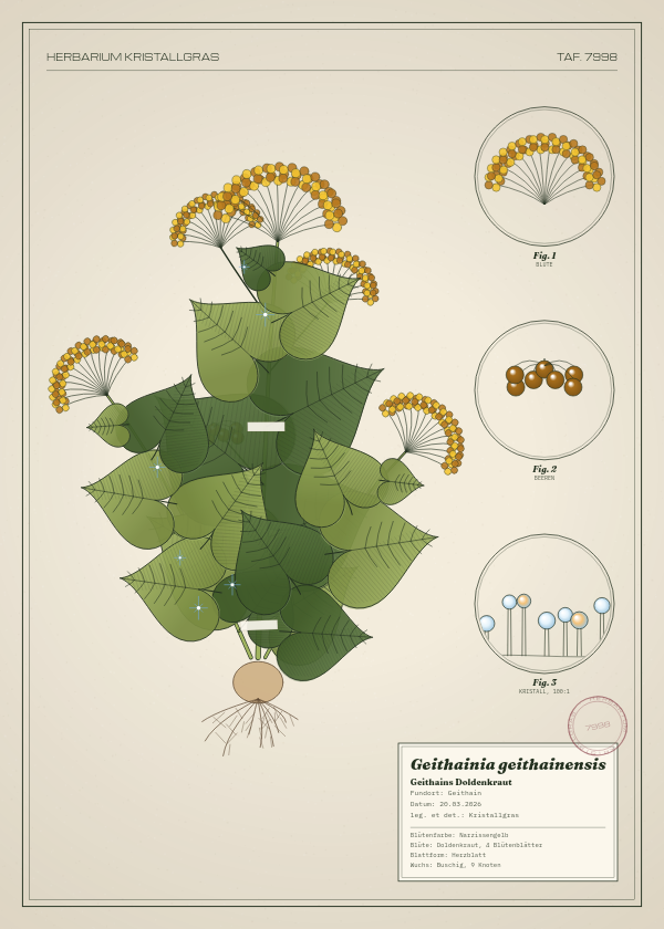 Botanische Tafel: Geithainia geithainensis, eine erfundene Pflanze aus Geithain, gezeichnet wie in einem alten Pflanzenatlas