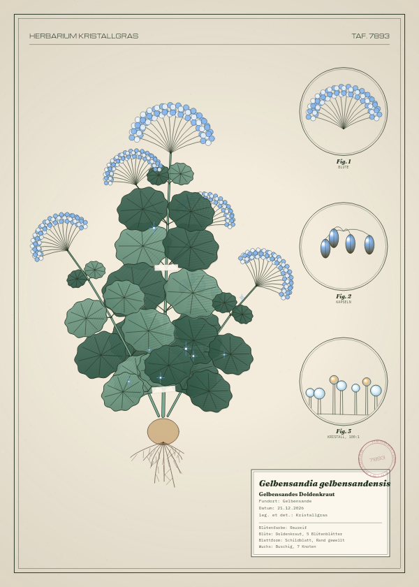 Botanische Tafel: Gelbensandia gelbensandensis, eine erfundene Pflanze aus Gelbensande, gezeichnet wie in einem alten Pflanzenatlas