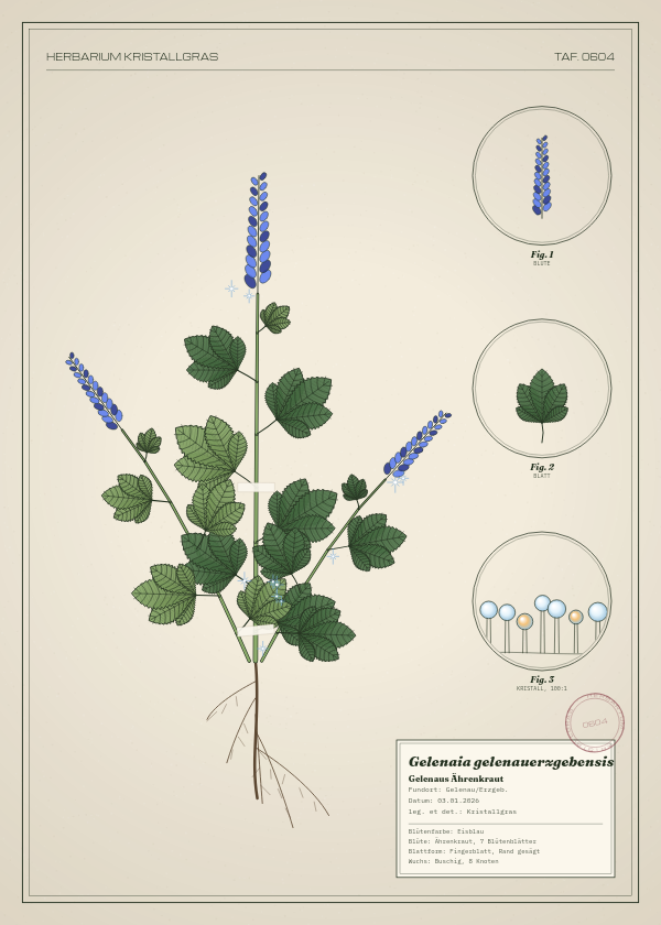 Botanische Tafel: Gelenaia gelenauerzgebensis, eine erfundene Pflanze aus Gelenau/Erzgeb., gezeichnet wie in einem alten Pflanzenatlas