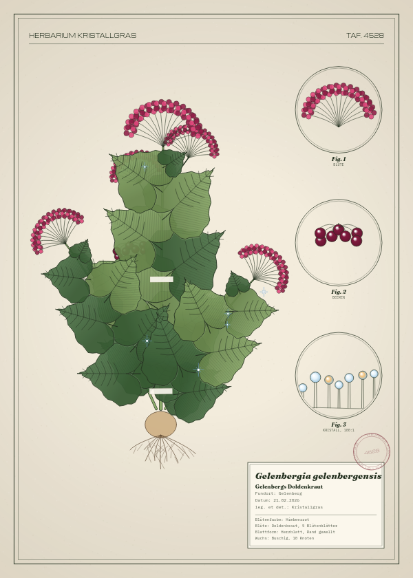 Botanische Tafel: Gelenbergia gelenbergensis, eine erfundene Pflanze aus Gelenberg, gezeichnet wie in einem alten Pflanzenatlas