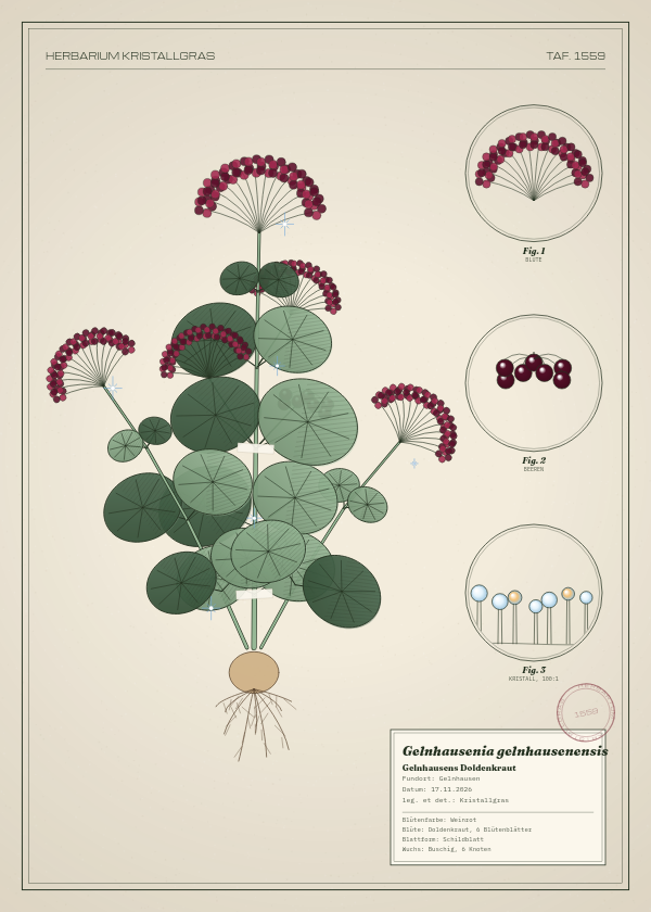 Botanische Tafel: Gelnhausenia gelnhausenensis, eine erfundene Pflanze aus Gelnhausen, gezeichnet wie in einem alten Pflanzenatlas