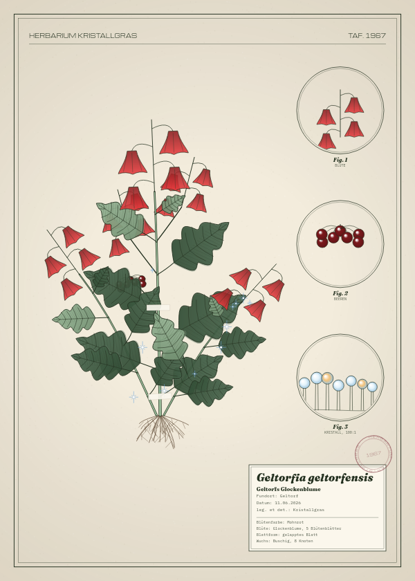 Botanische Tafel: Geltorfia geltorfensis, eine erfundene Pflanze aus Geltorf, gezeichnet wie in einem alten Pflanzenatlas