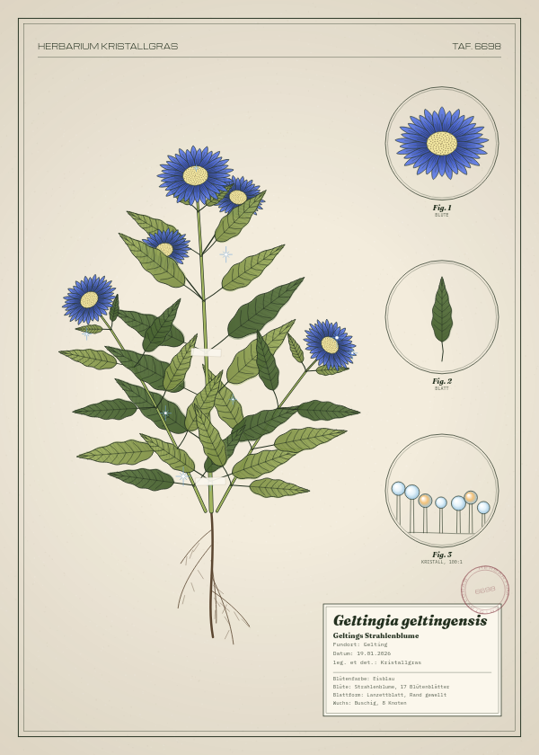 Botanische Tafel: Geltingia geltingensis, eine erfundene Pflanze aus Gelting, gezeichnet wie in einem alten Pflanzenatlas
