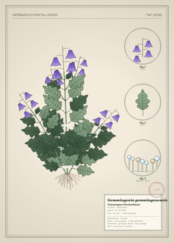 Botanische Tafel: Gemmingenia gemmingenensis, eine erfundene Pflanze aus Gemmingen, gezeichnet wie in einem alten Pflanzenatlas