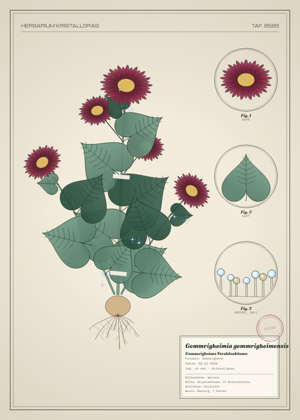 Botanische Tafel: Gemmrigheimia gemmrigheimensis, eine erfundene Pflanze aus Gemmrigheim, gezeichnet wie in einem alten Pflanzenatlas