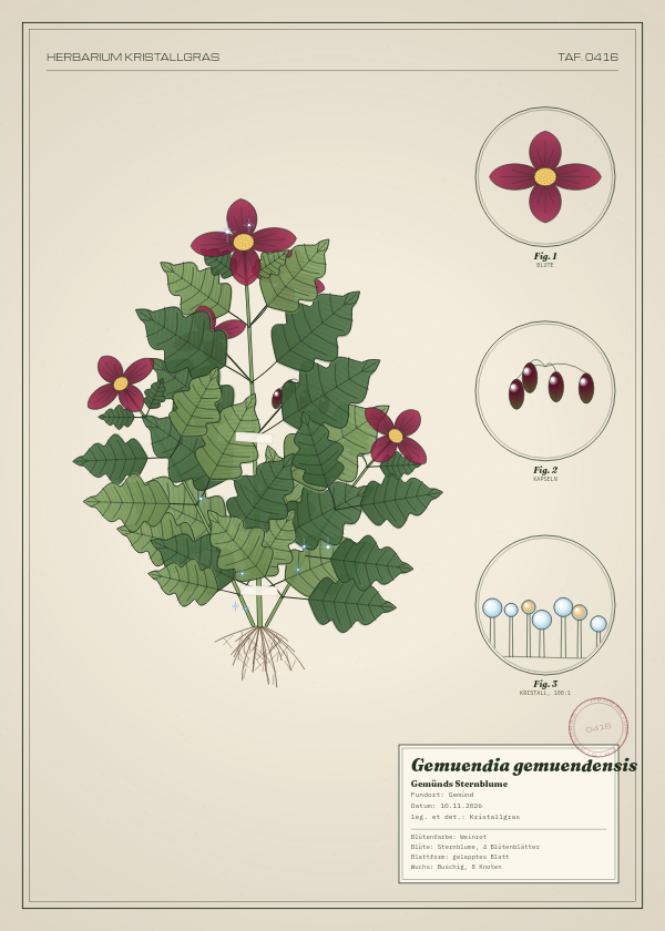 Botanische Tafel: Gemuendia gemuendensis, eine erfundene Pflanze aus Gemünd, gezeichnet wie in einem alten Pflanzenatlas