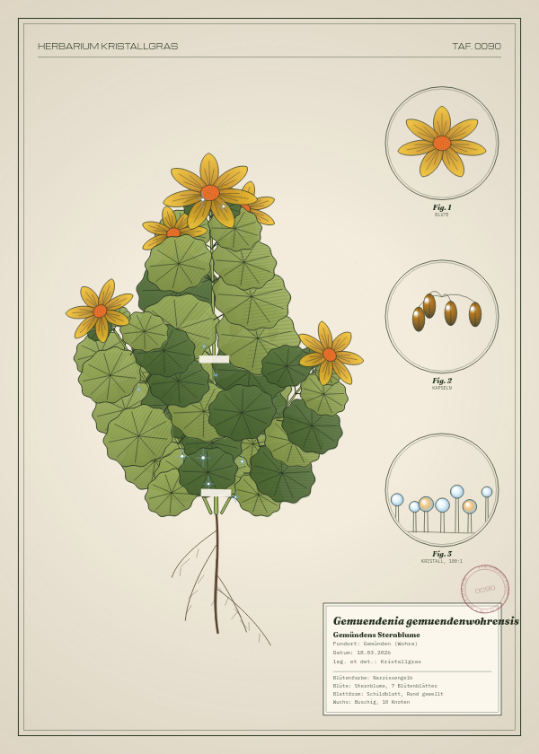 Botanische Tafel: Gemuendenia gemuendenwohrensis, eine erfundene Pflanze aus Gemünden (Wohra), gezeichnet wie in einem alten Pflanzenatlas