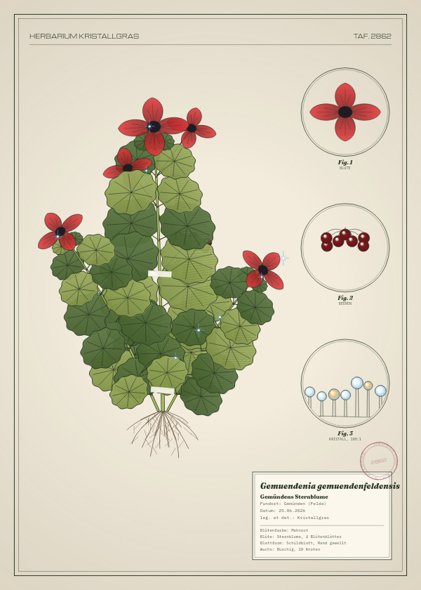 Botanische Tafel: Gemuendenia gemuendenfeldensis, eine erfundene Pflanze aus Gemünden (Felda), gezeichnet wie in einem alten Pflanzenatlas