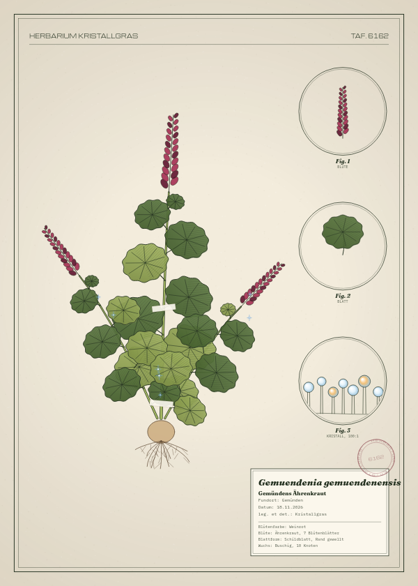Botanische Tafel: Gemuendenia gemuendenensis, eine erfundene Pflanze aus Gemünden, gezeichnet wie in einem alten Pflanzenatlas