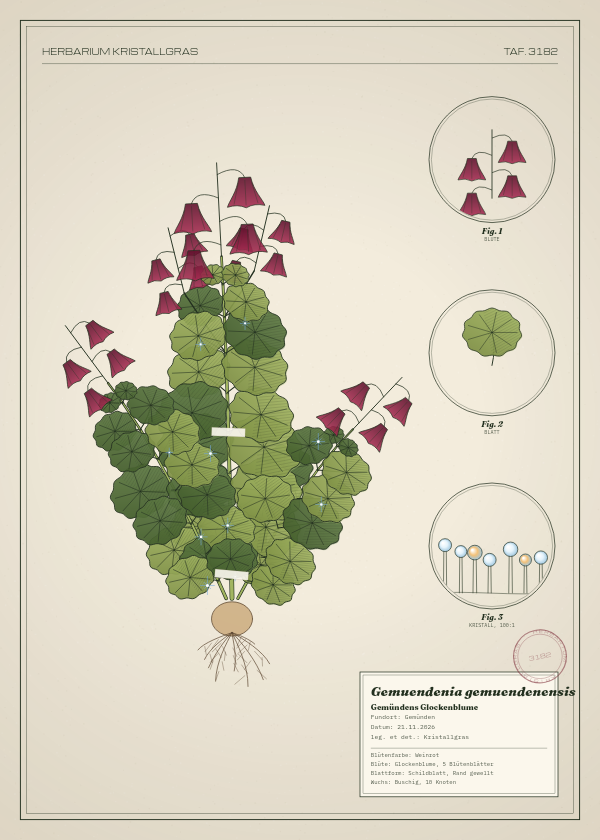 Botanische Tafel: Gemuendenia gemuendenensis, eine erfundene Pflanze aus Gemünden, gezeichnet wie in einem alten Pflanzenatlas