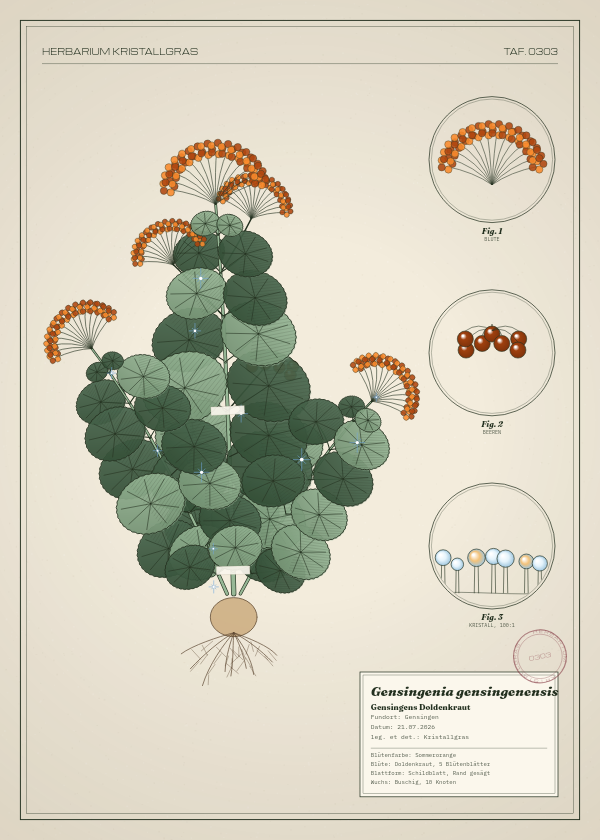 Botanische Tafel: Gensingenia gensingenensis, eine erfundene Pflanze aus Gensingen, gezeichnet wie in einem alten Pflanzenatlas