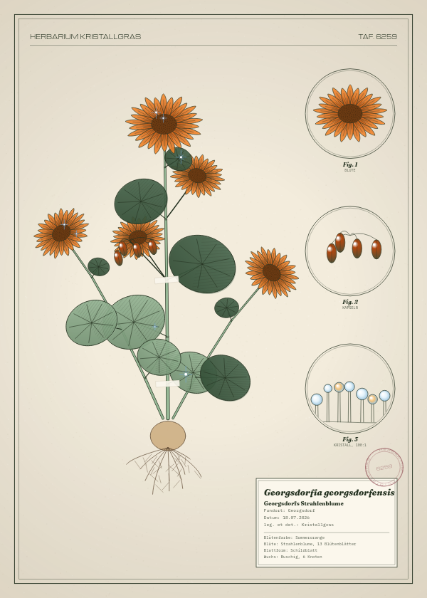 Botanische Tafel: Georgsdorfia georgsdorfensis, eine erfundene Pflanze aus Georgsdorf, gezeichnet wie in einem alten Pflanzenatlas