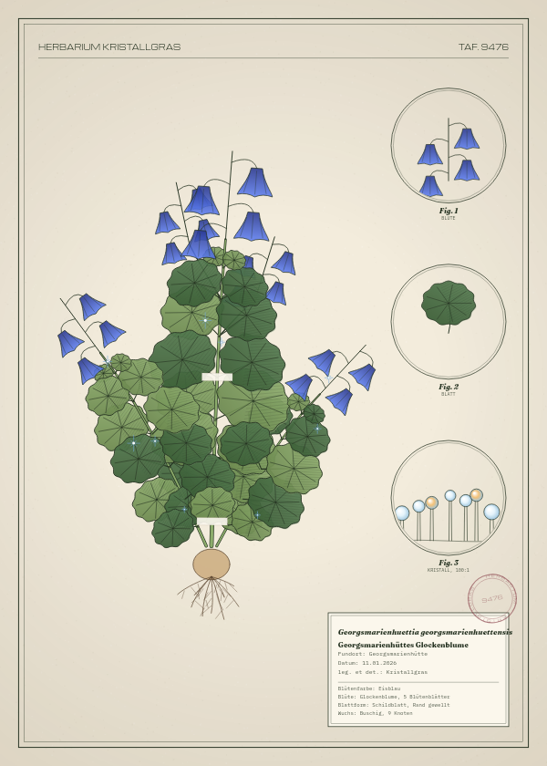 Botanische Tafel: Georgsmarienhuettia georgsmarienhuettensis, eine erfundene Pflanze aus Georgsmarienhütte, gezeichnet wie in einem alten Pflanzenatlas