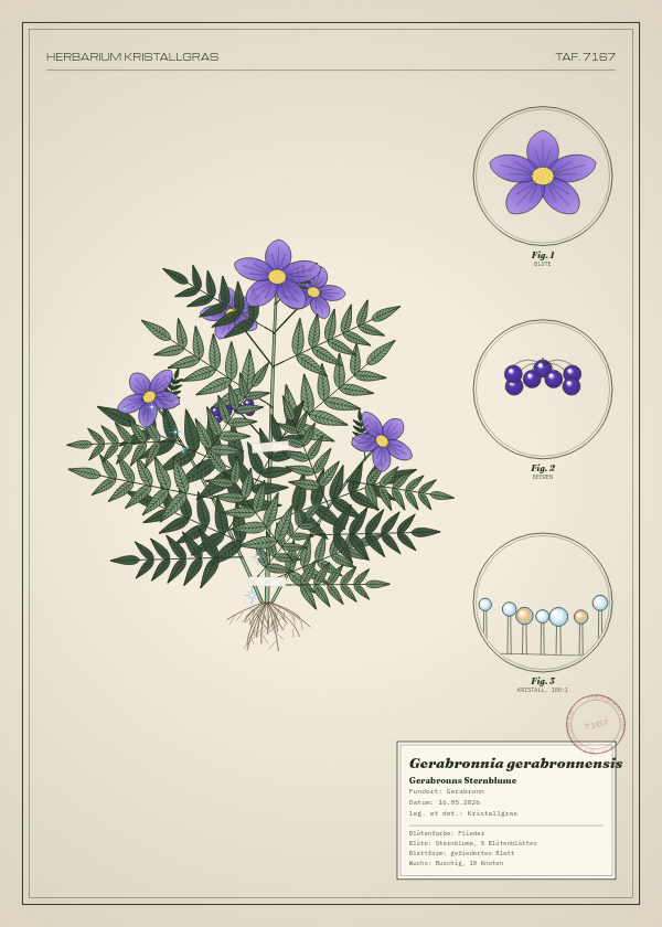 Botanische Tafel: Gerabronnia gerabronnensis, eine erfundene Pflanze aus Gerabronn, gezeichnet wie in einem alten Pflanzenatlas