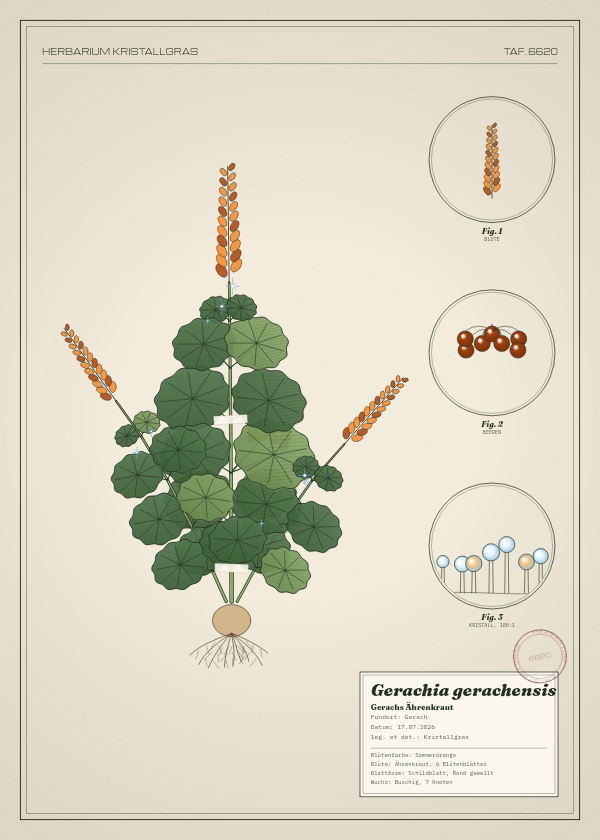 Botanische Tafel: Gerachia gerachensis, eine erfundene Pflanze aus Gerach, gezeichnet wie in einem alten Pflanzenatlas