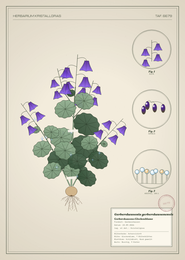 Botanische Tafel: Gerbershausenia gerbershausenensis, eine erfundene Pflanze aus Gerbershausen, gezeichnet wie in einem alten Pflanzenatlas