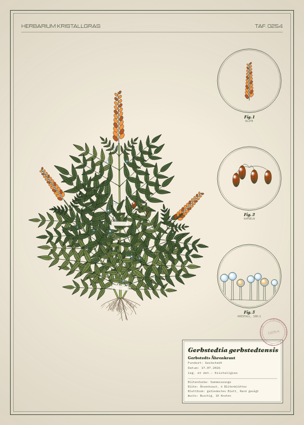 Botanische Tafel: Gerbstedtia gerbstedtensis, eine erfundene Pflanze aus Gerbstedt, gezeichnet wie in einem alten Pflanzenatlas